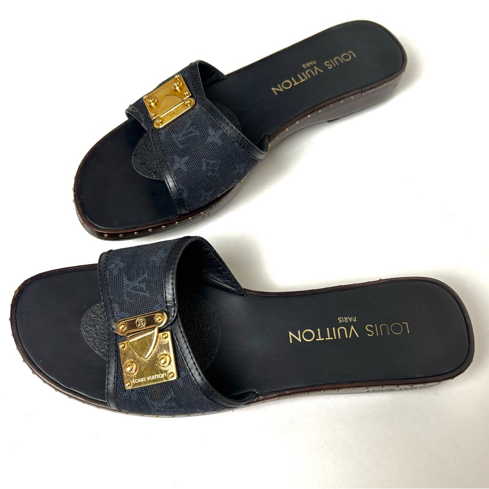 Louis Vuitton Monogram Canvas Lock Slide Sandals Mules Black Gold EU 37 / US 7